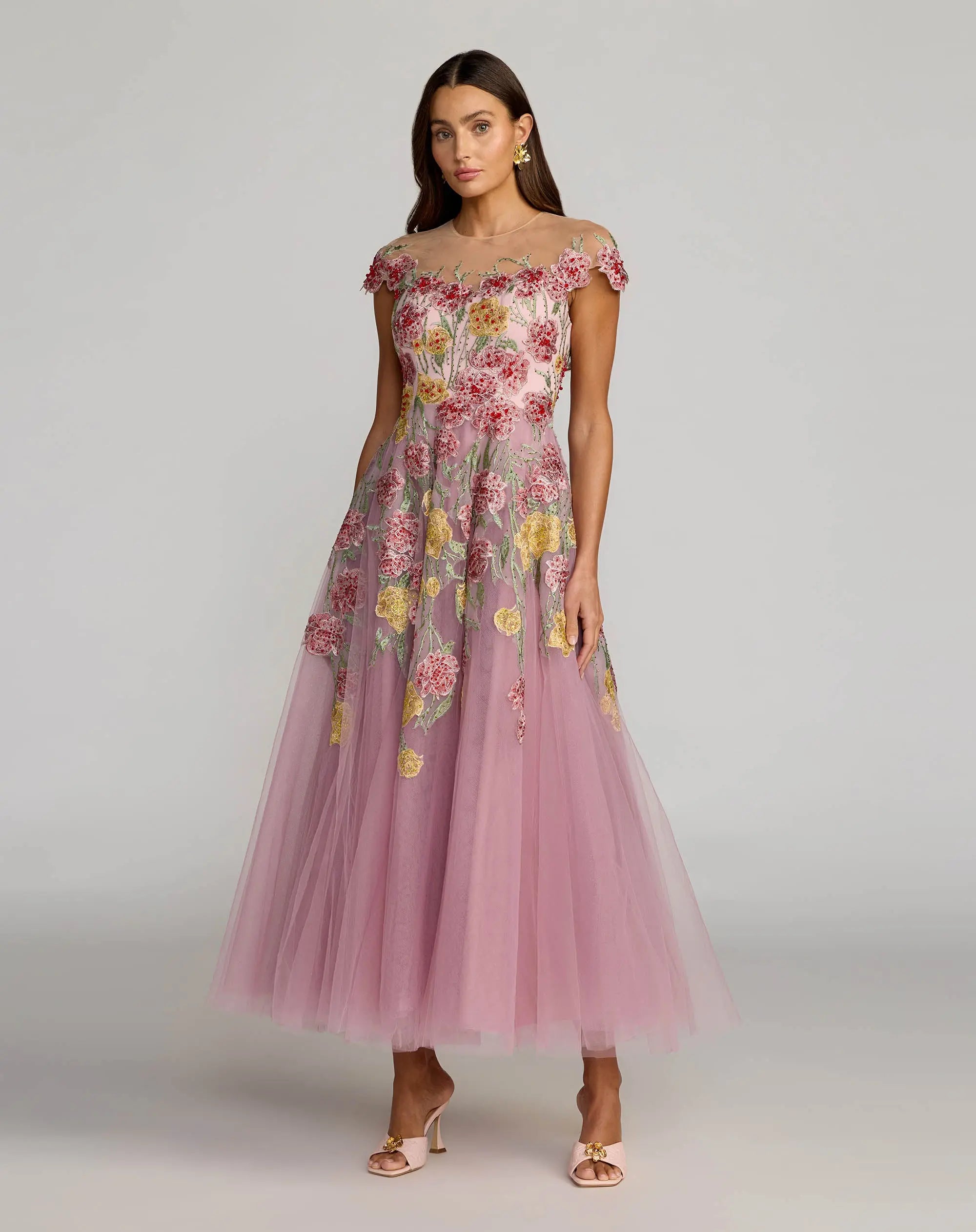 Image of Purple Floral Embroidered Illusion Sweetheart Midi Dress