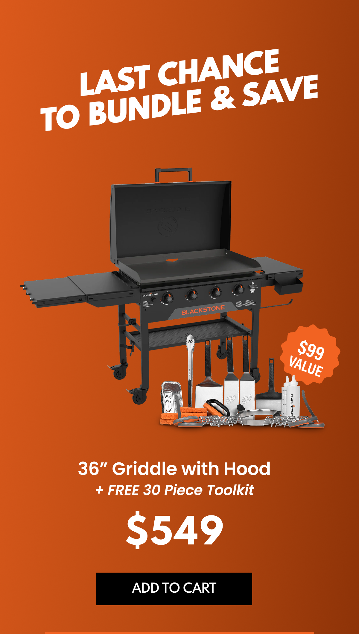36” Griddle with Hood + FREE 30 Piece Toolkit