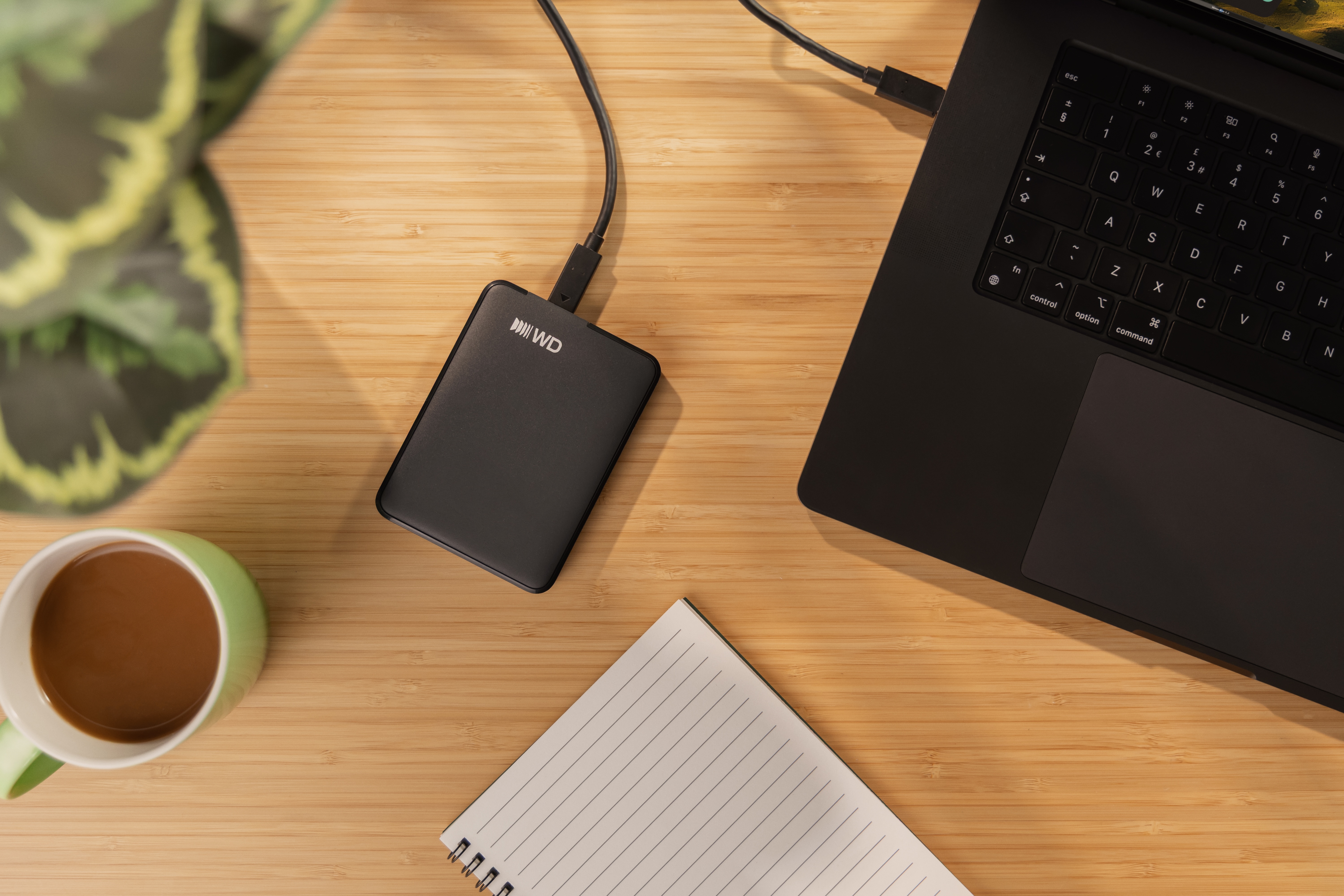 Overhead view of a wooden desk with a black laptop, a WD external hard drive connected to it, a green mug with coffee, and an open notebook.