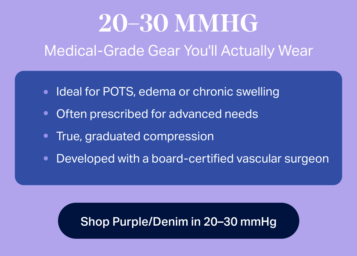 20–30 MMHG | Medical-Grade Gear You'll Actually Wear | Ideal for POTS, edema or chronic swelling, Often prescribed for advanced needs, True, graduated compression, Developed with a board-certified&nbsp;vascular surgeon | Shop now