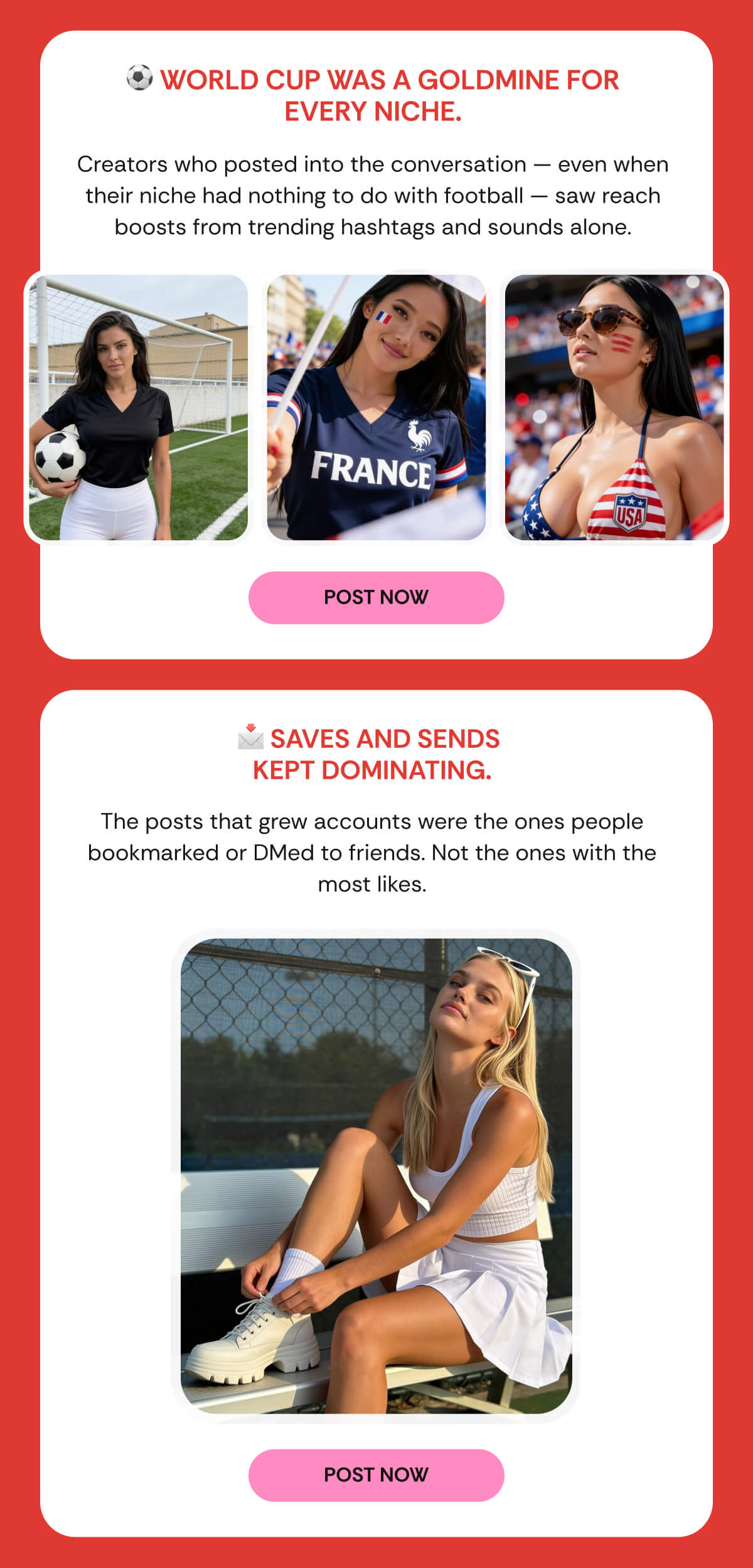 ⚽ World Cup was a goldmine for every niche. Creators who posted into the conversation — even when their niche had nothing to do with football — saw reach boosts from trending hashtags and sounds alone. 📩 Saves and sends  kept dominating. The posts that grew accounts were the ones people bookmarked or DMed to friends. Not the ones with the most likes.