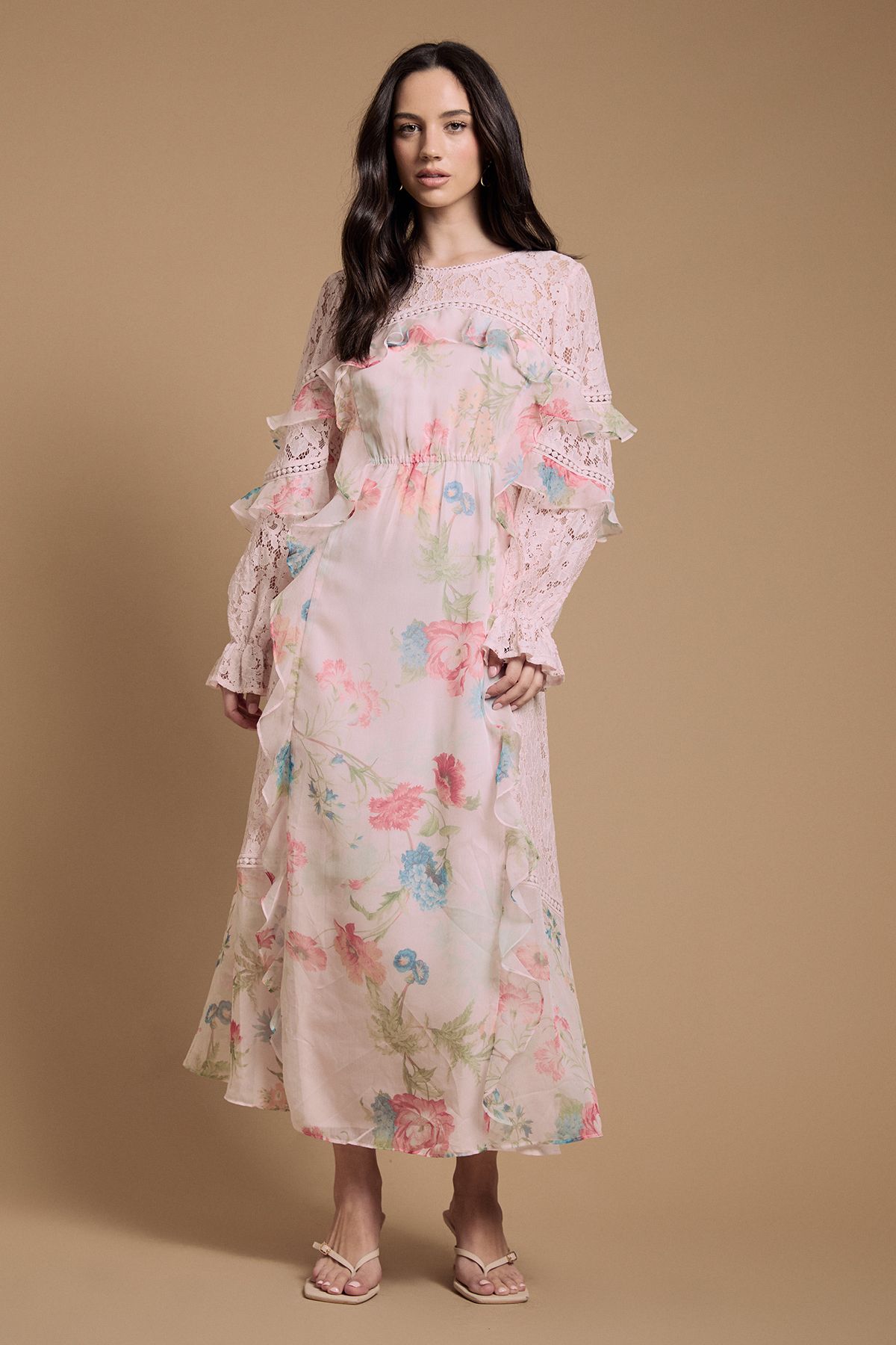 Lace Mix Frill Midaxi Dress