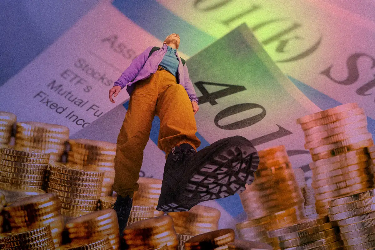 older man traveling through forest of coins