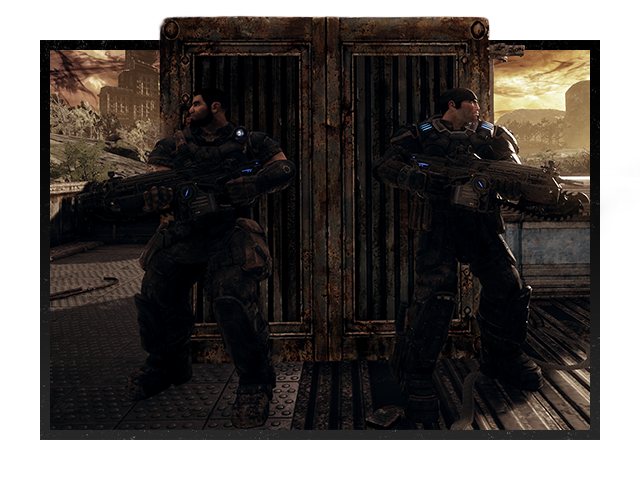Dom Santiago and Marcus Fenix take cover symmetrically with lancers during combat.