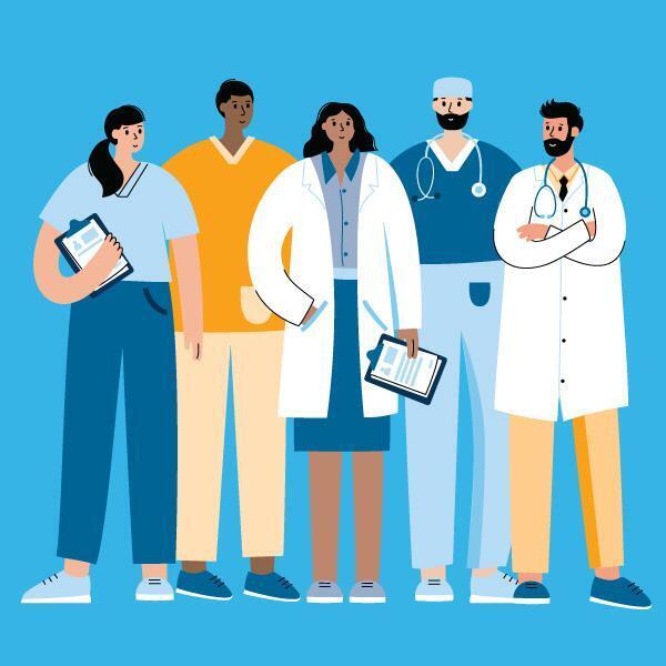 Illustration of 5 doctors together in a group