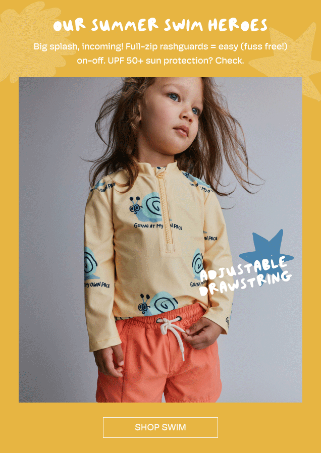 Our Summer Swim Heroes | Big Splash, incoming!| Full-zip rashguards + easy (fuss free!) on-off. UPF 50+ sun protection? Check.