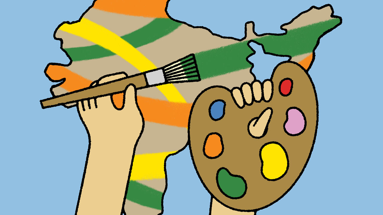 Illustration of two hands holding a paintbrush and an artist’s palette filled with bright colors, painting sweeping bands of yellow, green, and orange across the silhouette of India
