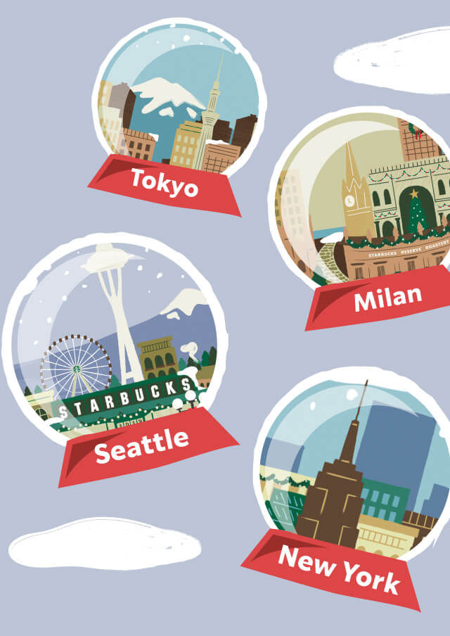 Illustration of snowglobes representing different cities: Tokyo, Milan, Seattle, and New York City.