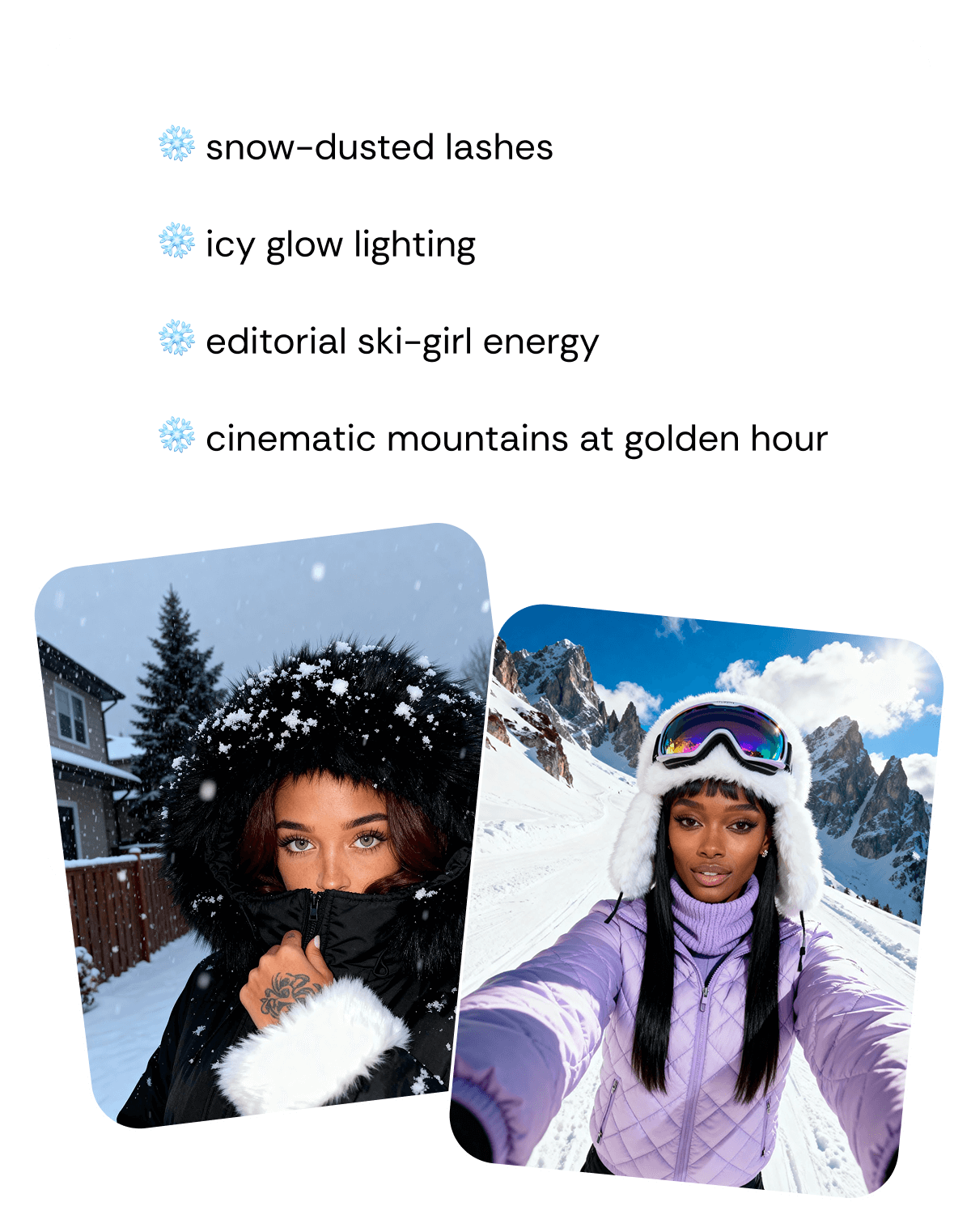 snow-dusted lashes, icy glow lighting, editorial ski-girl energy, cinematic mountains at golden hour
