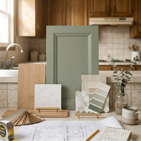 Kitchen design samples with green cabinet door.