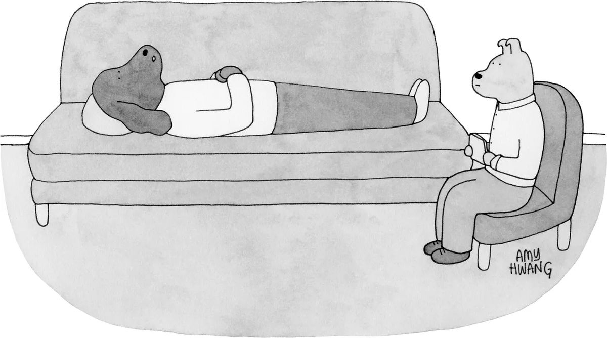 Cartoon showing a dog in therapy.