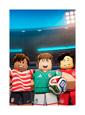 Key art for Roblox – Super Soccer featuring Roblox players participating in the World Cup.