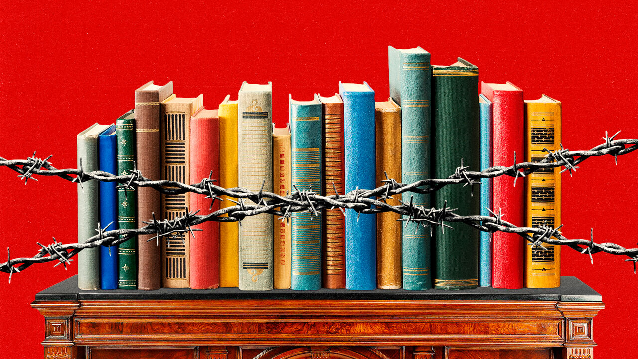 This illustration shows a row of books behind barbed wire, symbolizing censorship or book banning. The books sit on a wooden shelf, trapped and restricted.