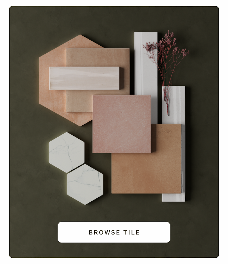 A mood board featuring various tile shapes and colors (pink, terracotta, white marble hexagon) on a dark background