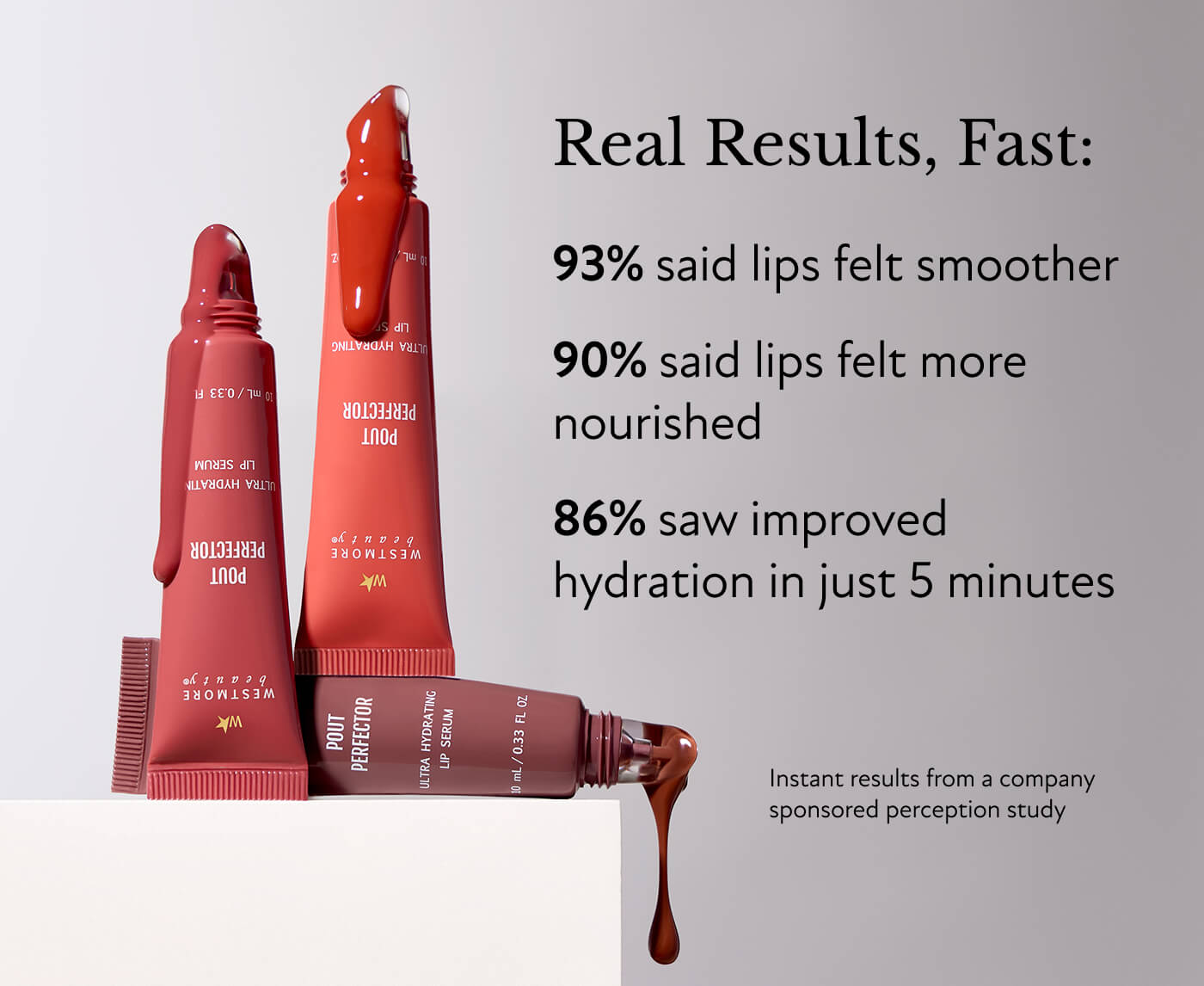 Real Results, Fast:  93% said lips felt smoother  90% said lips felt more nourished 86% saw improved hydration in just 5 minutes Instant results from a company sponsored perception study