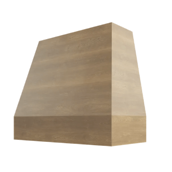 Wooden range hood with a sloped design.