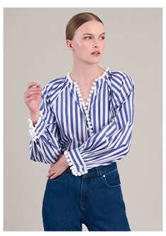 Blue and White Thin Striped Poplin Shirt With Pom-Pom Embellished Neckline and Front Placket