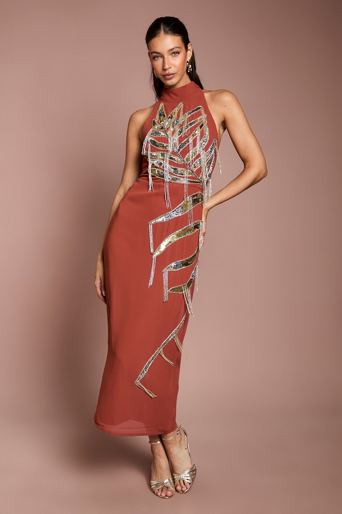 Halterneck Embellished Fringe Midi Dress