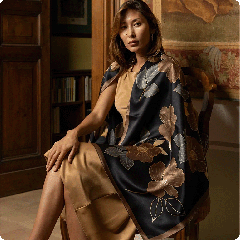 Beautiful silk floral patterned scarf in black and bronze