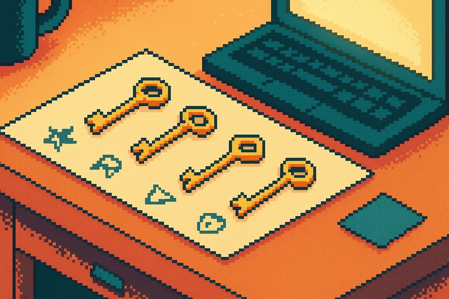 Pixel art of a calm digital workspace viewed from above, showing four golden keys on a notepad beside a glowing laptop, each key marked with icons — star, puzzle, triangle, and shield — representing clarity in addressing buyer concerns.