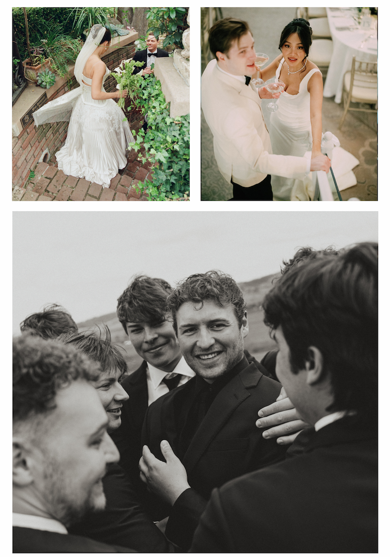 Candid moments of couples and groomsmen in wedding attire, including a bride in a pleated dress and groom in a tuxedo.