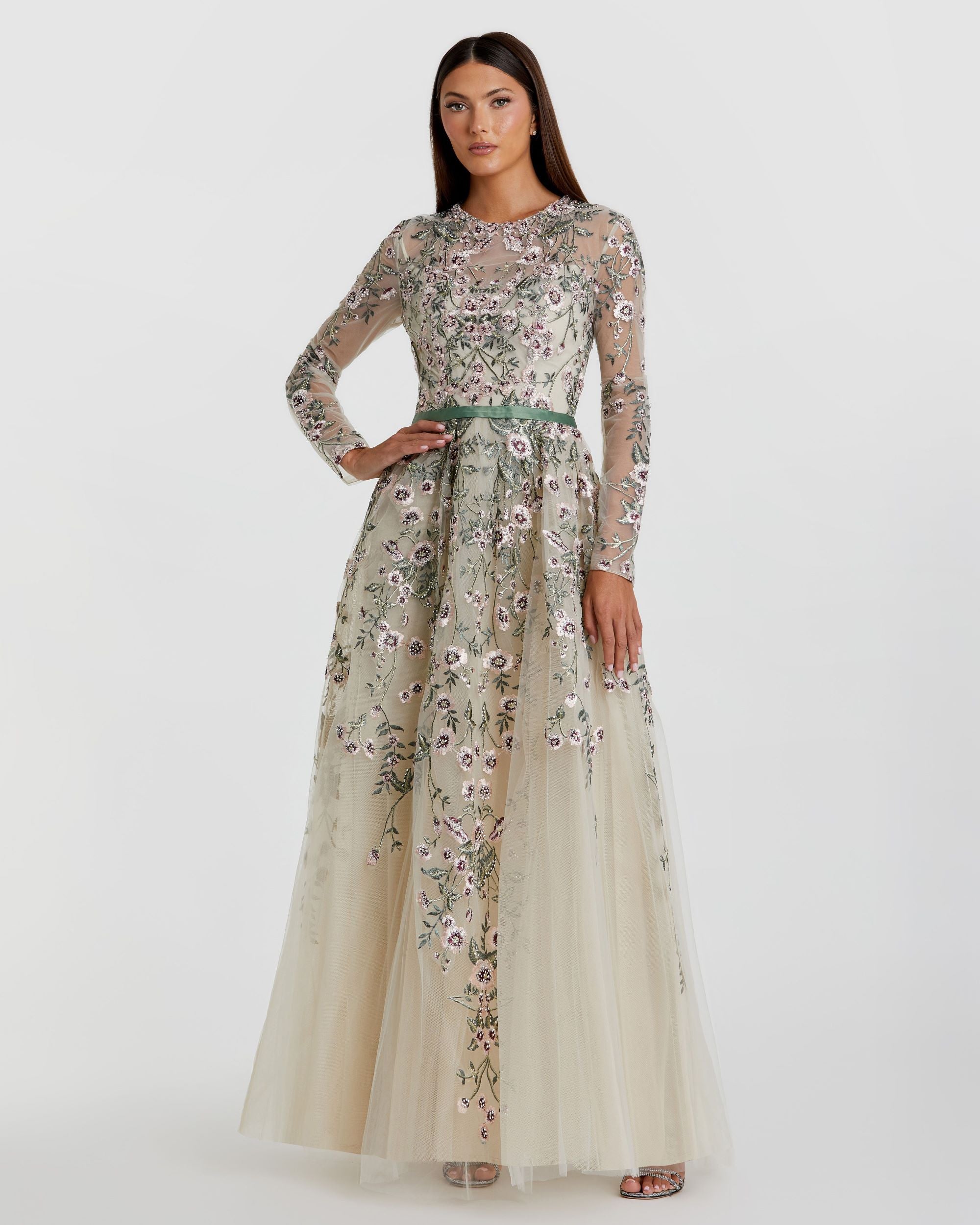 Image of Ivory Long Sleeve Floral Embellished A-Line Gown