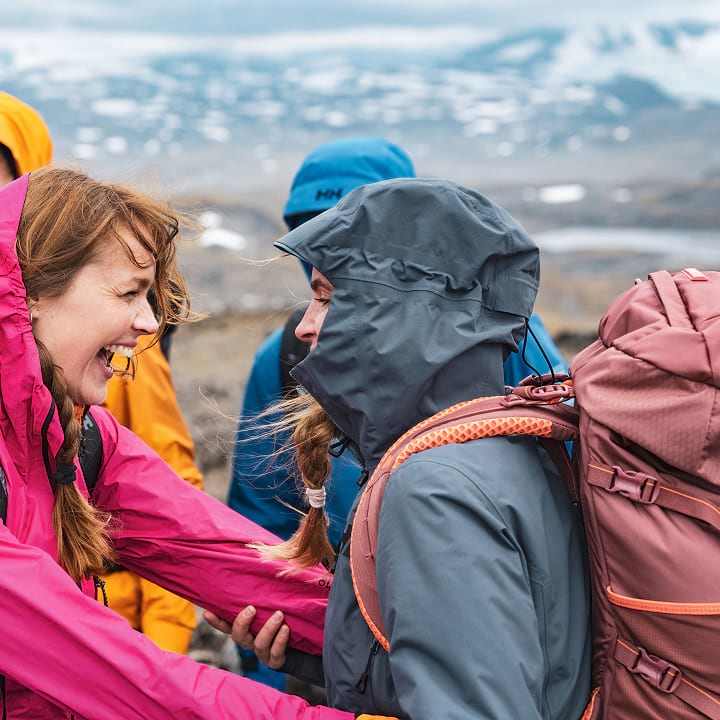A group of hikers with Helly Hansen backpacks