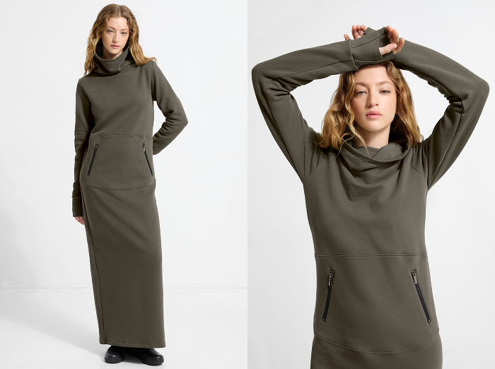 Front view of The Allen Sweatshirt Dress showing its relaxed fit and kangaroo zip pockets. To the right, close-up of The Allen Sweatshirt Dress featuring the soft cowl neck and zippered pocket detail.