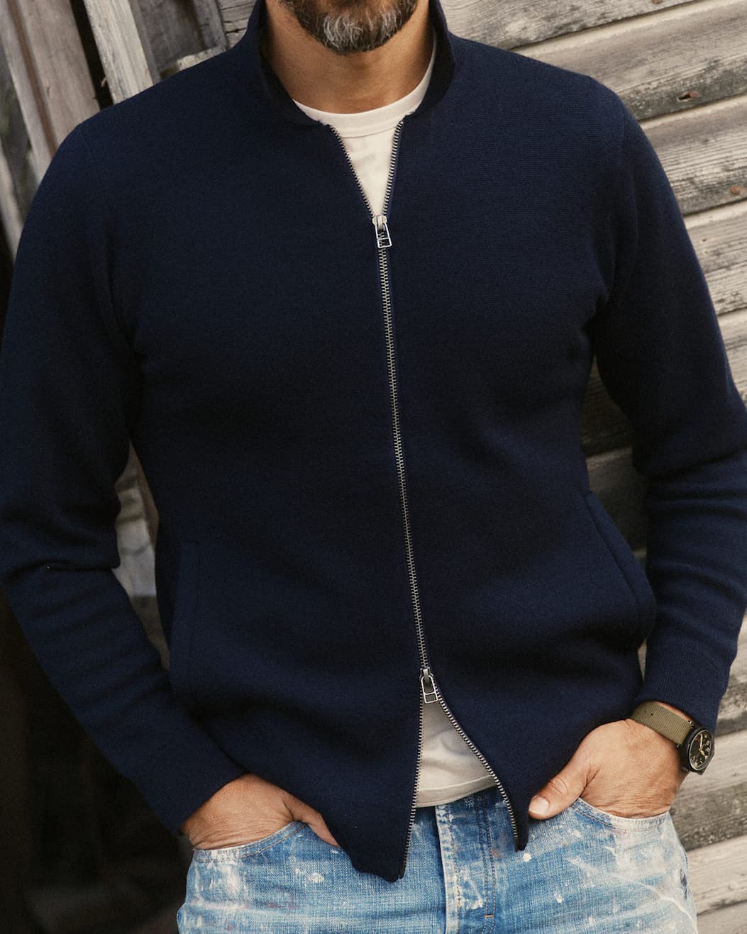 The Portola Sweater Jacket in Midnight Merino from Taylor Stitch