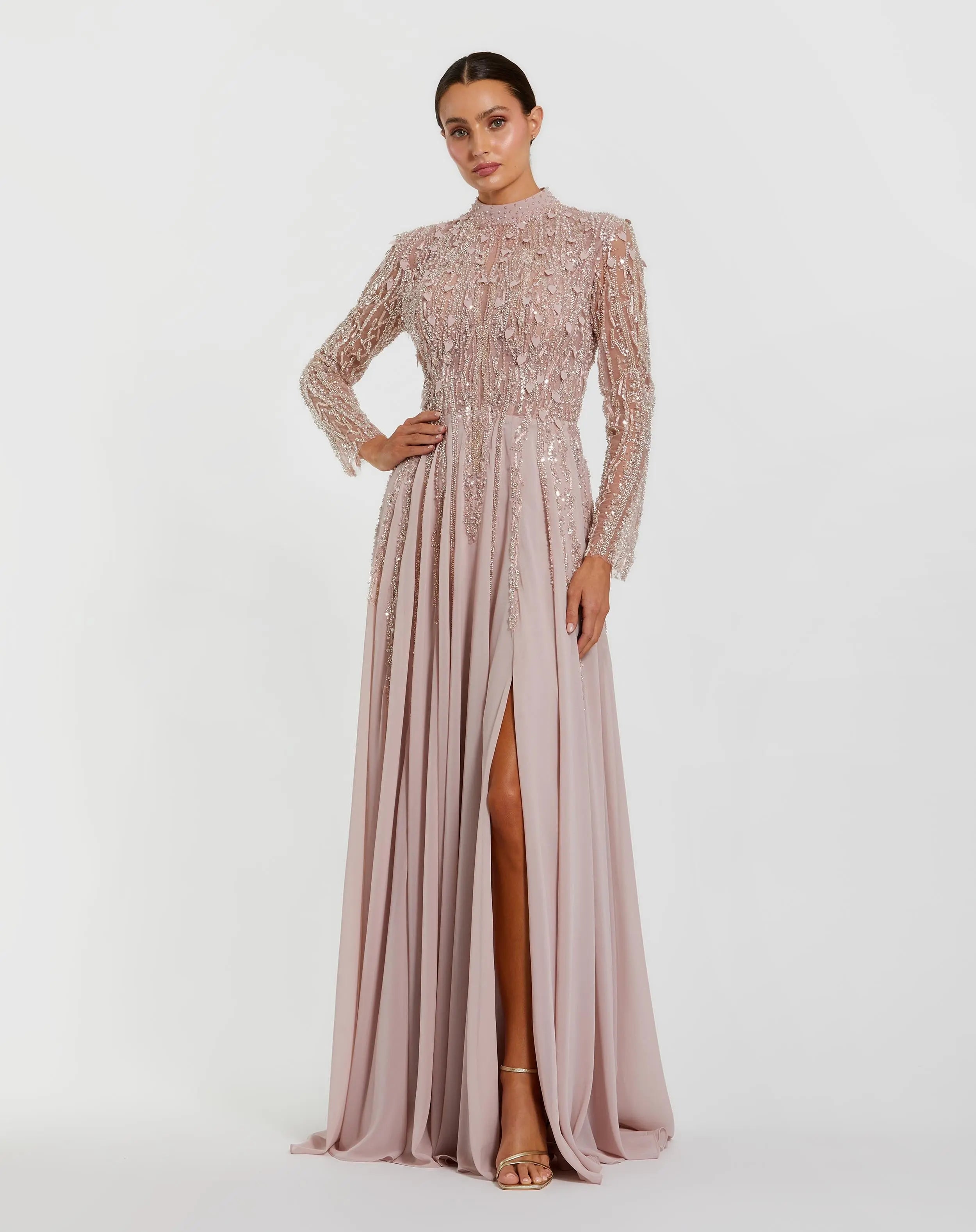 Image of Light Purple Embellished Long Sleeve Gown with Slit