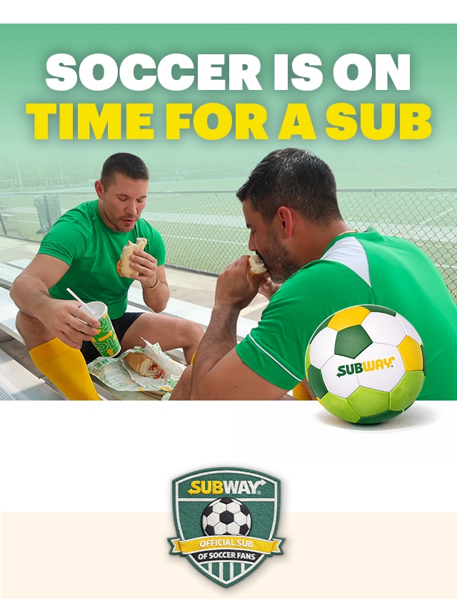 Promotional email for Subway® soccer-themed offers. Headline reads “Fuel your fandom with fresh-made favorites.” Text includes “Time for a sub” and a “Plan my party” button. An additional section promotes a limited-time deal, including a $6.99 footlong. Imagery shows subs, Lay’s chips, Pepsi beverages, and a group setting. A catering section highlights options for larger groups with assorted drinks and sandwiches, with call-to-action buttons including “Order now” and “Feed my squad.”