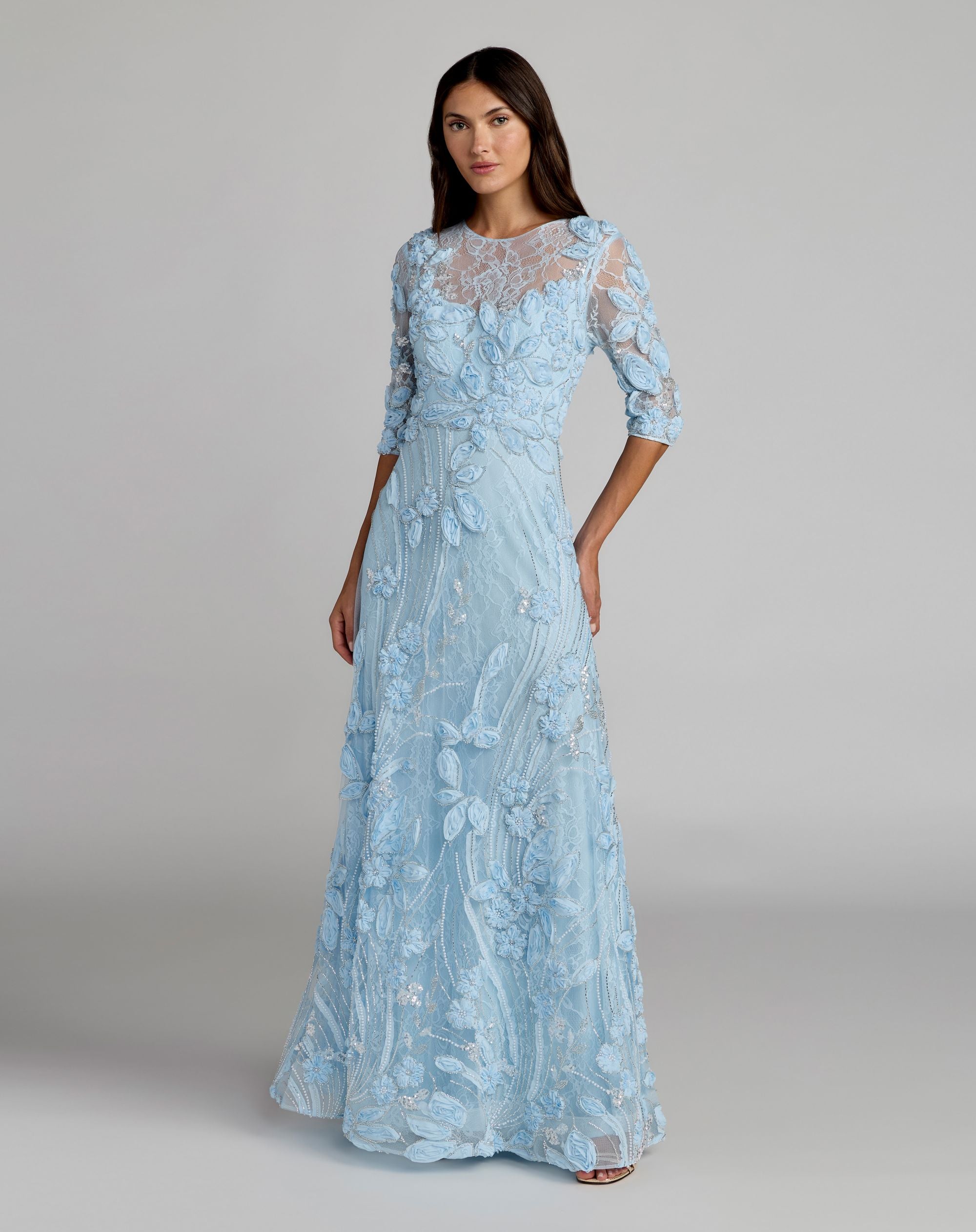 Image of Blue High Neck Embellished Lace Gown with 3/4 Sleeves