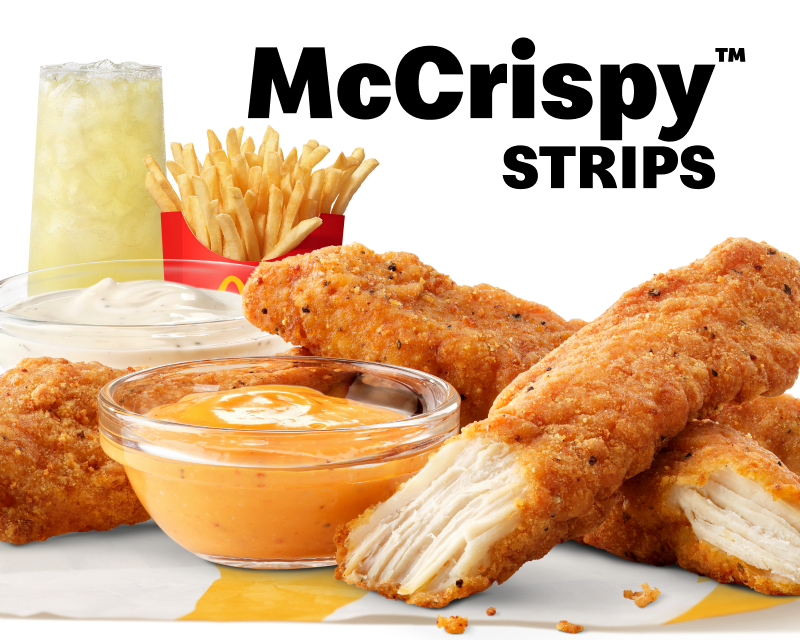McCrispy Strips meal featuring Creamy Chili Dip and Ranch, plus medium fries and a lemonade.