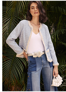 Blue Structured Tweed Jacket With White Pearl And Crystal Trim