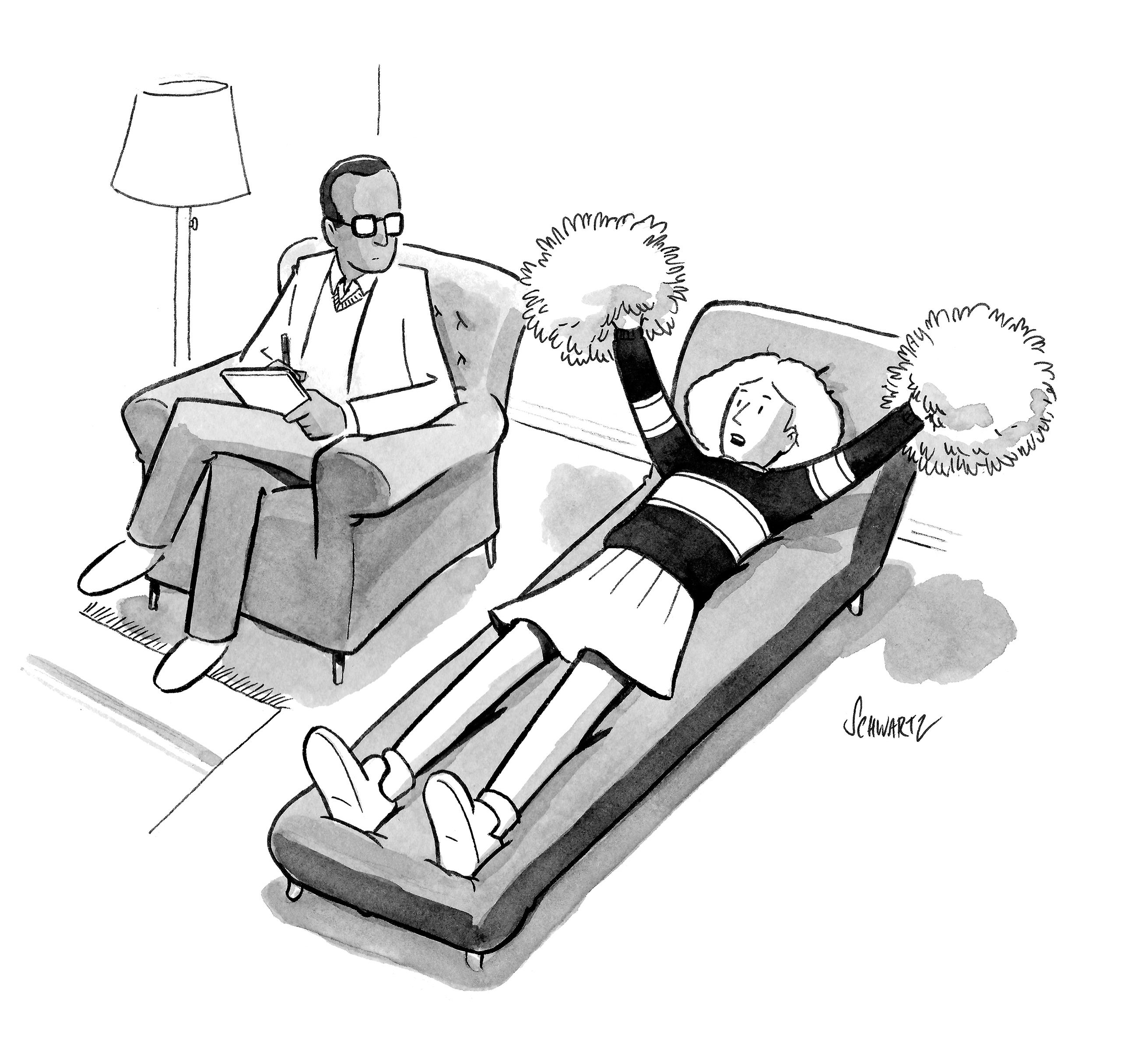 A cheerleader sitting on a chaise in a therapist's office. 