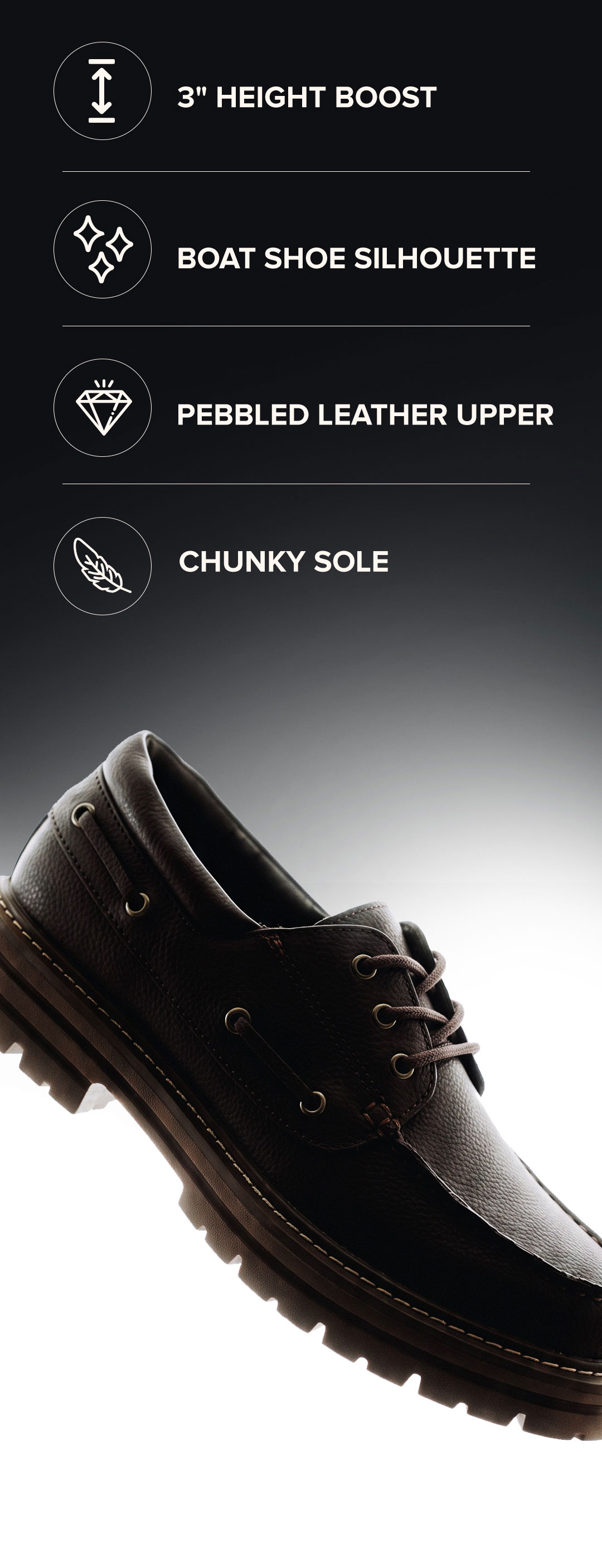 3" Height Boost Boat Shoe Silhouette Pebbled Leather Upper Chunky Sole