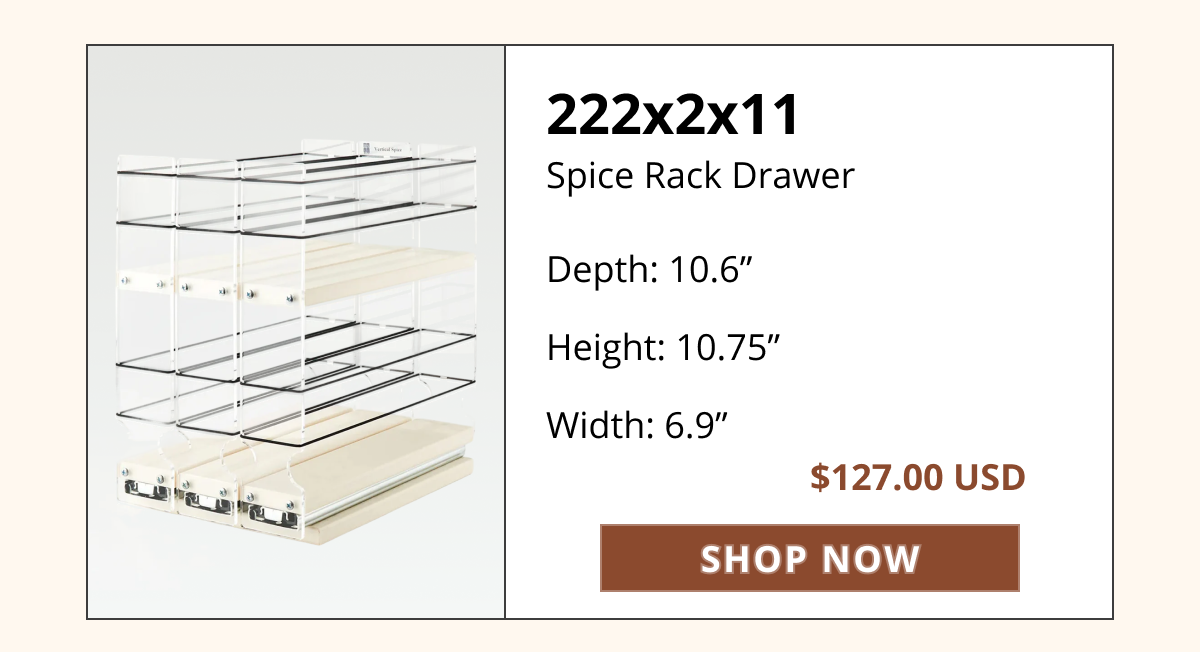 Vertical Spice 222x2x11 pull-out spice rack drawer with dimensions and price displayed.