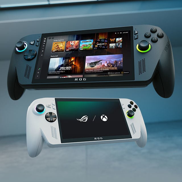 A front view of the ROG Xbox Ally X and the ROG Xbox Ally.