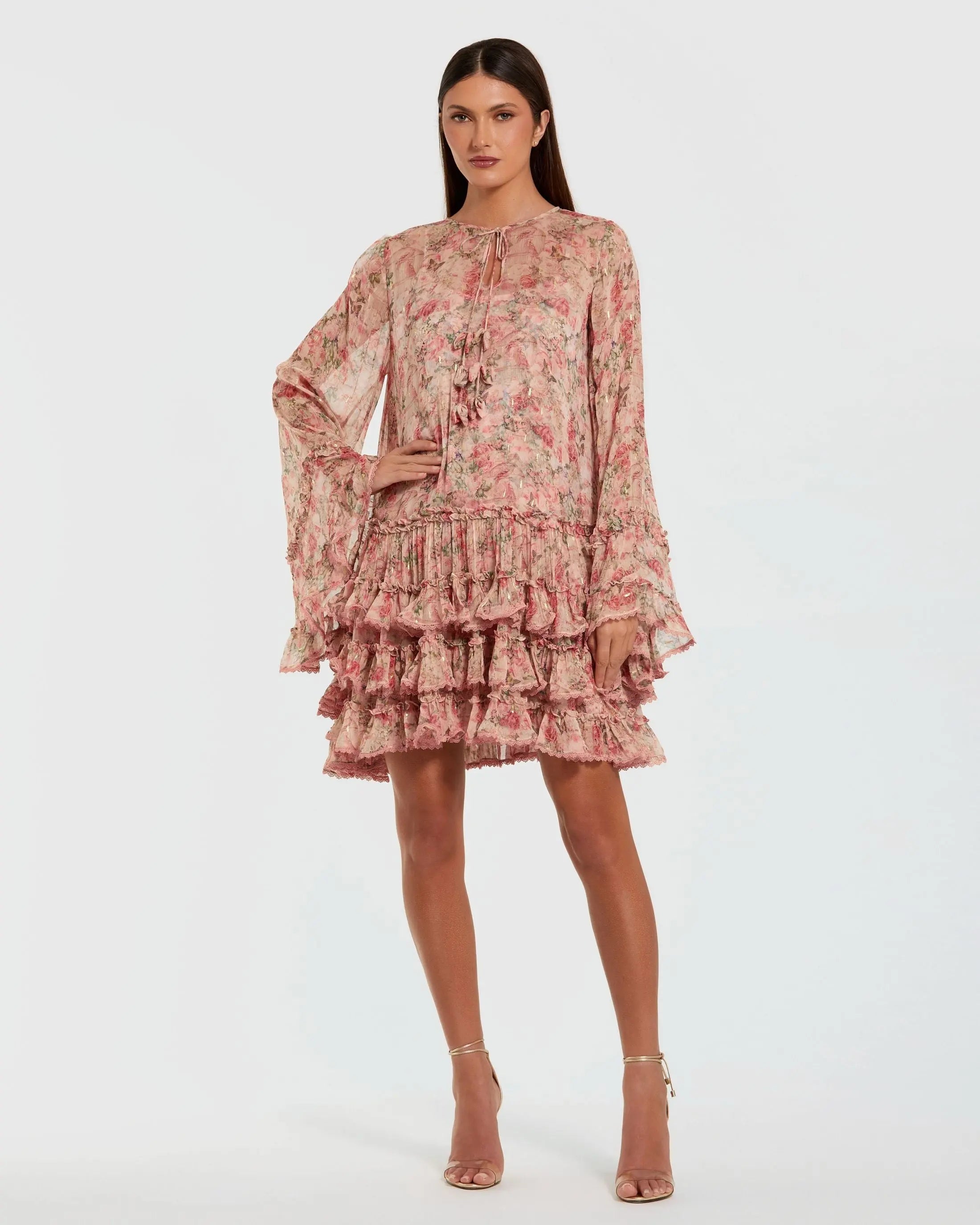 Image of Pink Floral Long Sleeve Ruffle Mini Dress