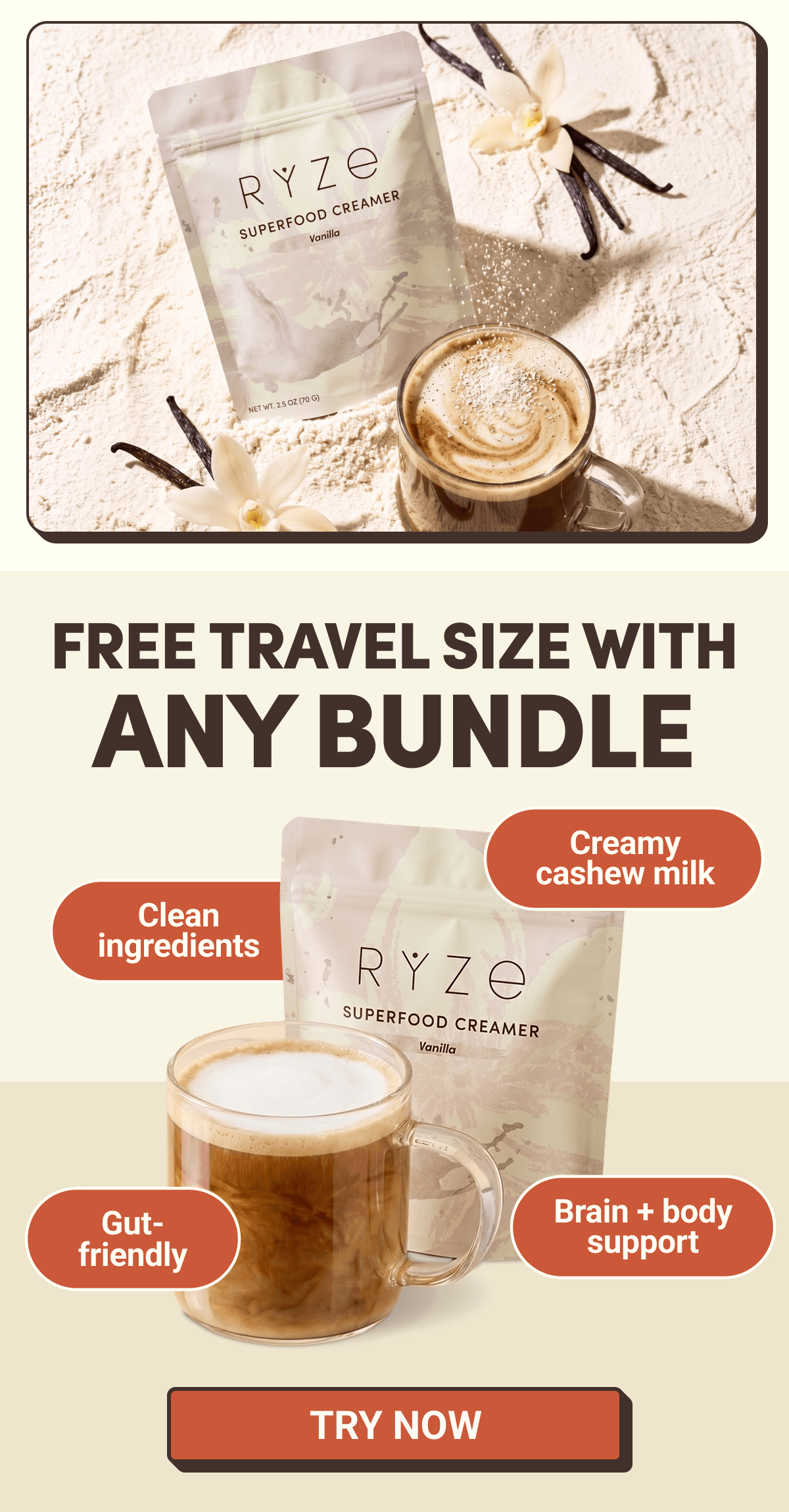 RYZE SUPERFOOD CREAMER | FREE TRAVEL SIZE WITH ANY BUNDLE | Gut- friendly | Clean ingredients | Creamy cashew milk | Brain + body support | TRY NOW