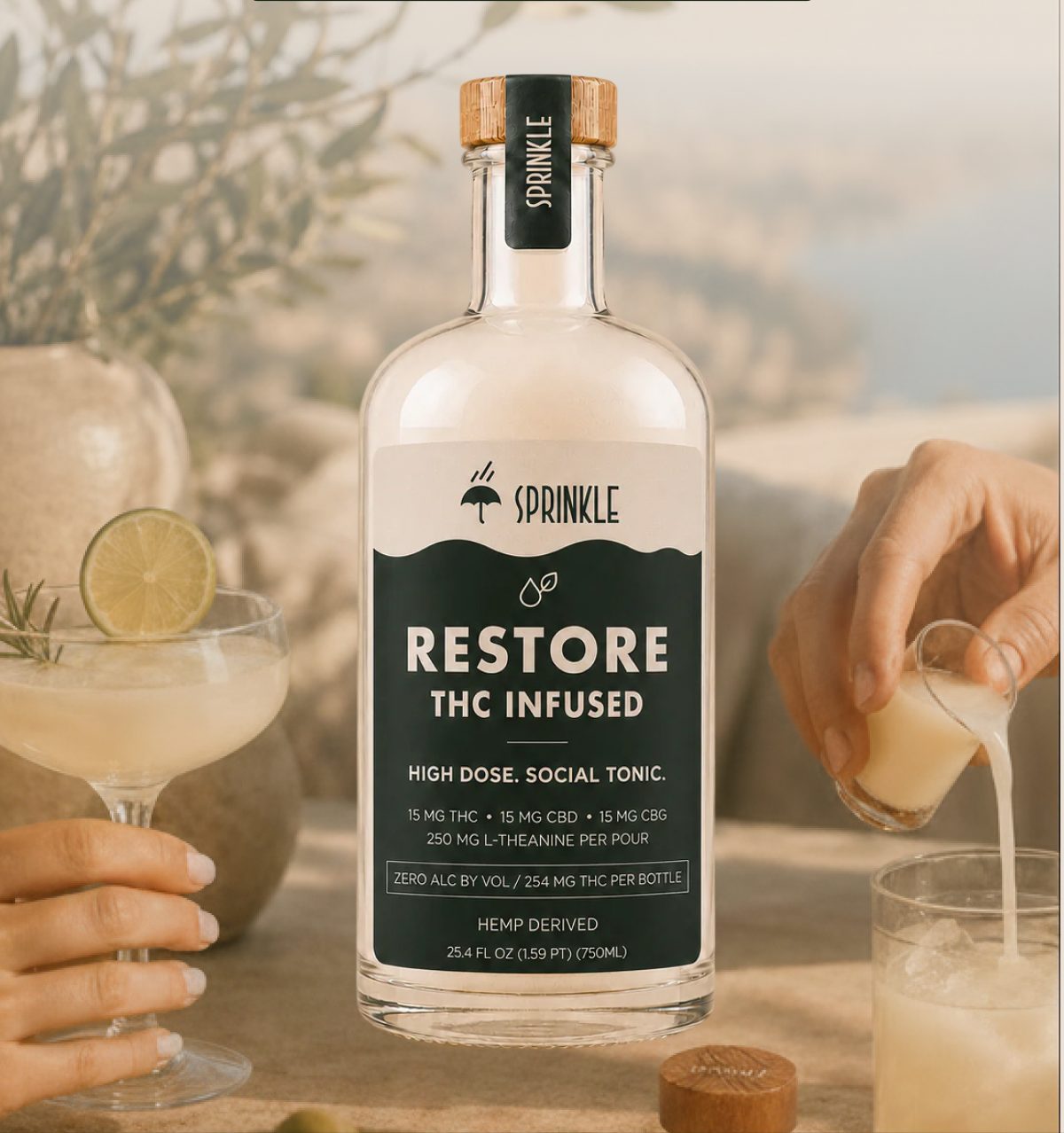 Bottle of THC infused tonic with two cocktails and garnishes on a table.