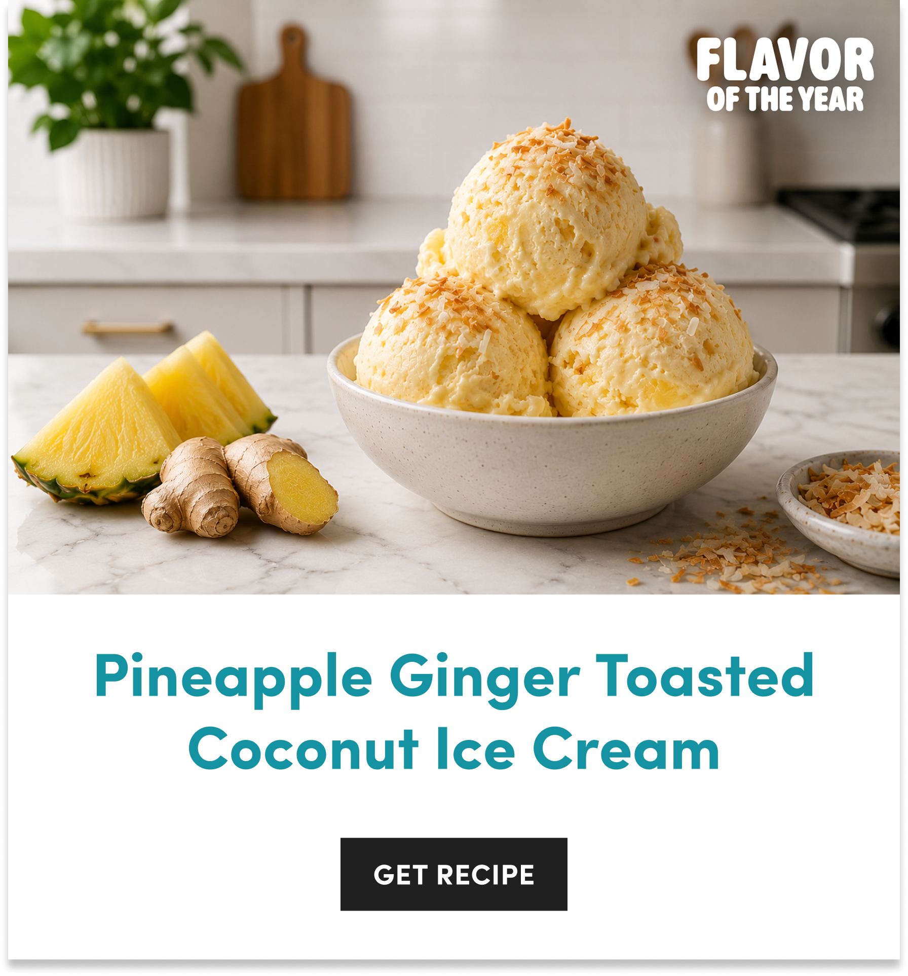 A bowl of pineapple ginger toasted coconut ice cream scoops next to ginger root and fresh pineapple on a marble table.