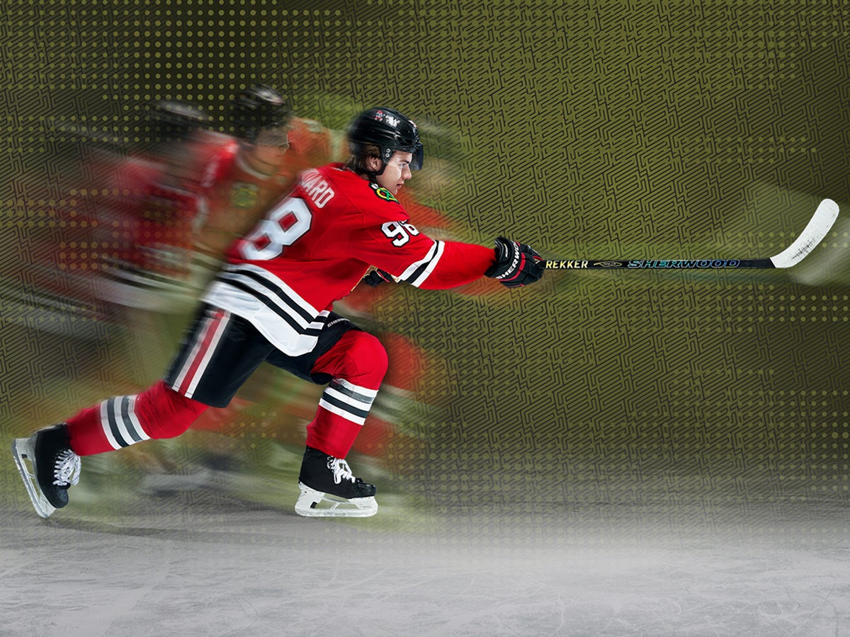 Connor Bedard shooting a Sherwood Rekker Morph Pro stick
