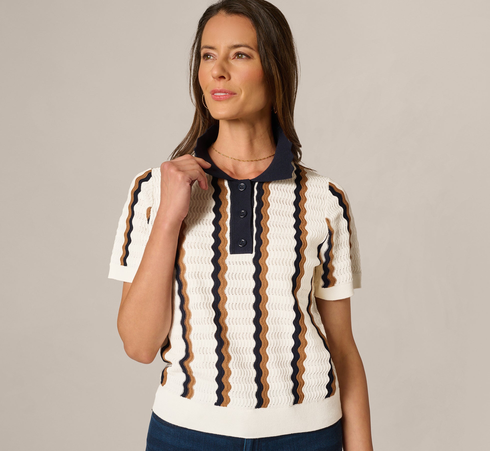 Image of Open Knit Pointelle Scalloped Polo Sweater In Ivory Navy Camel