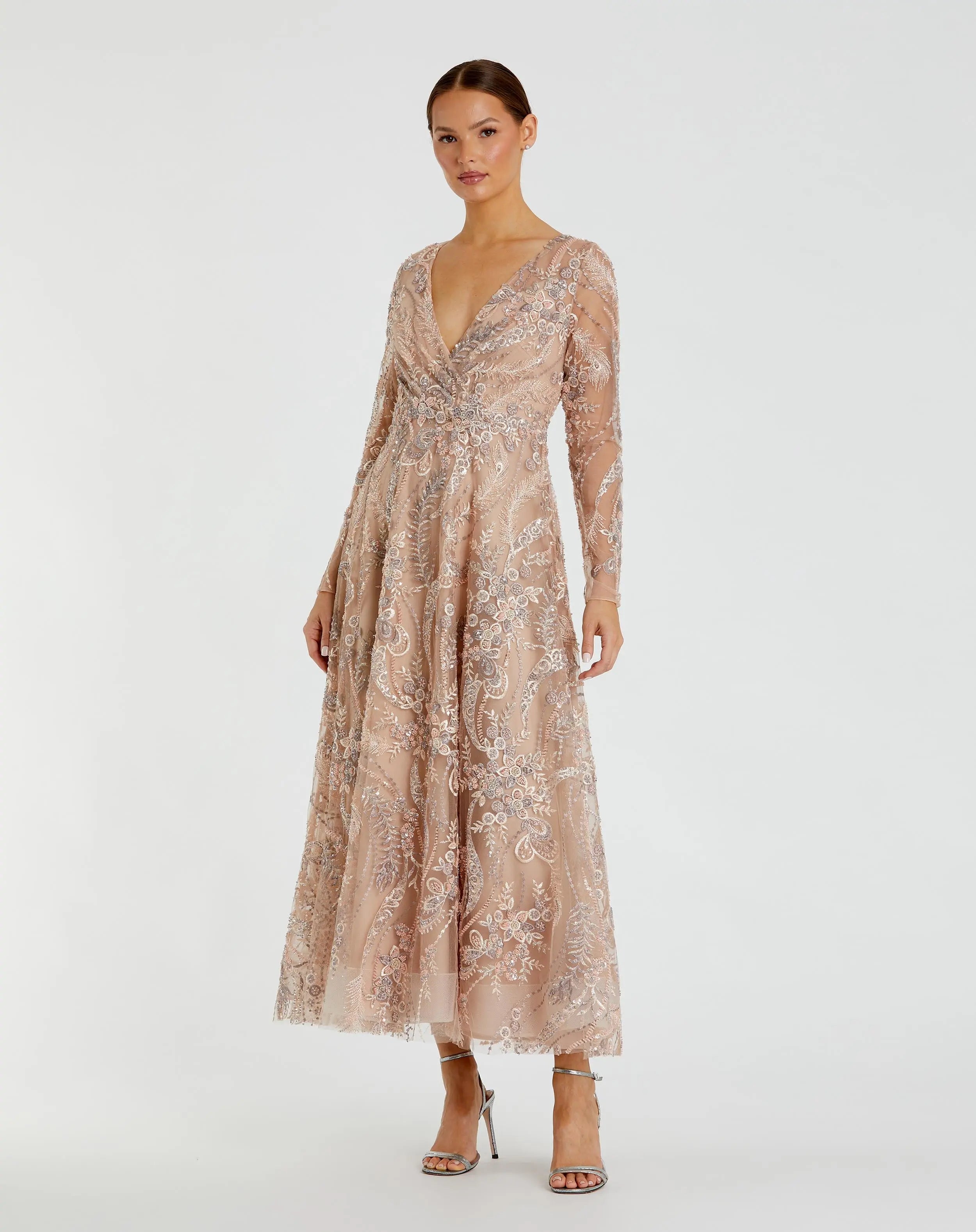 Image of Beige Embroidered Long Sleeve V-Neck Midi Dress