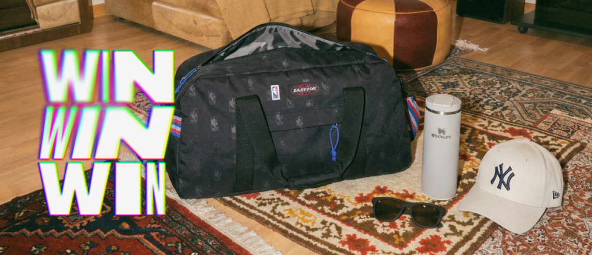Black travel duffel bag with a water bottle, beige cap, and sunglasses on a patterned rug, alongside bold 'WIN WIN WIN' text promoting an airport essentials giveaway.