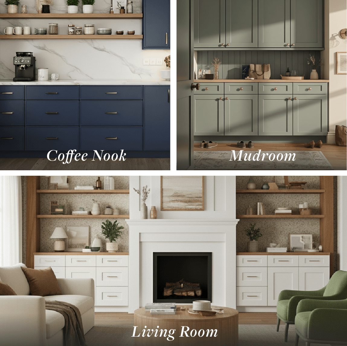 Different rooms with cabinets, coffee nook, mudroom and living room