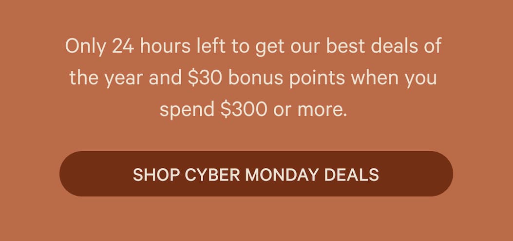 Only 24 hours left to get our best deals of the year and $30 bonus points when you spend $300 or more.