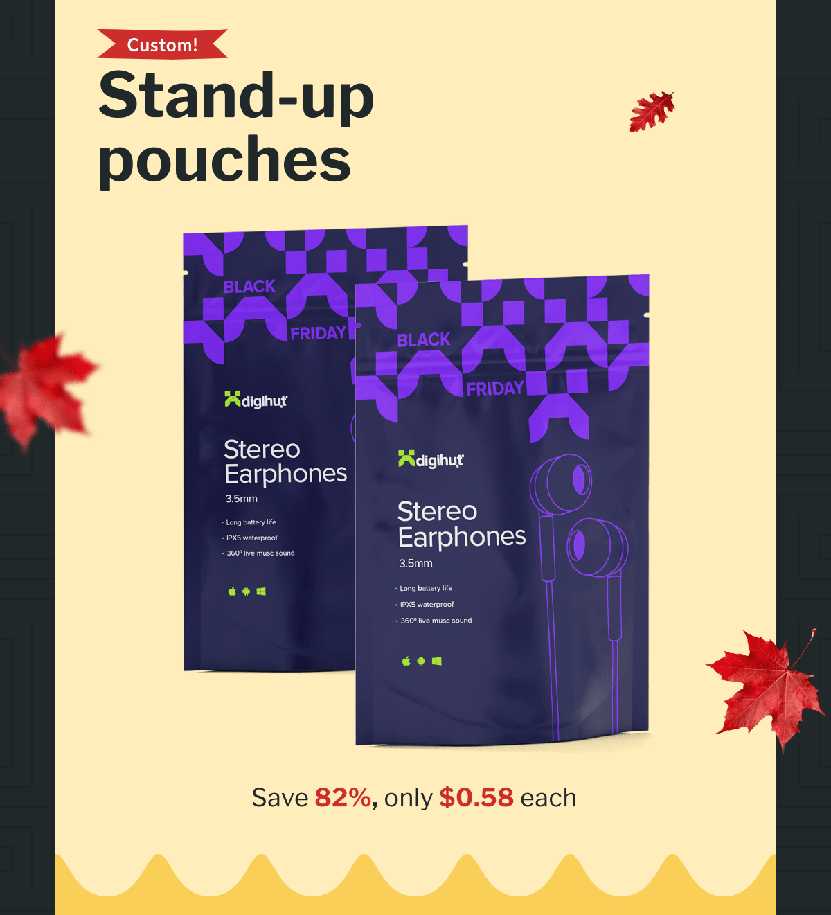 Custom stand-up pouches | Save 82%, only $0.58 each