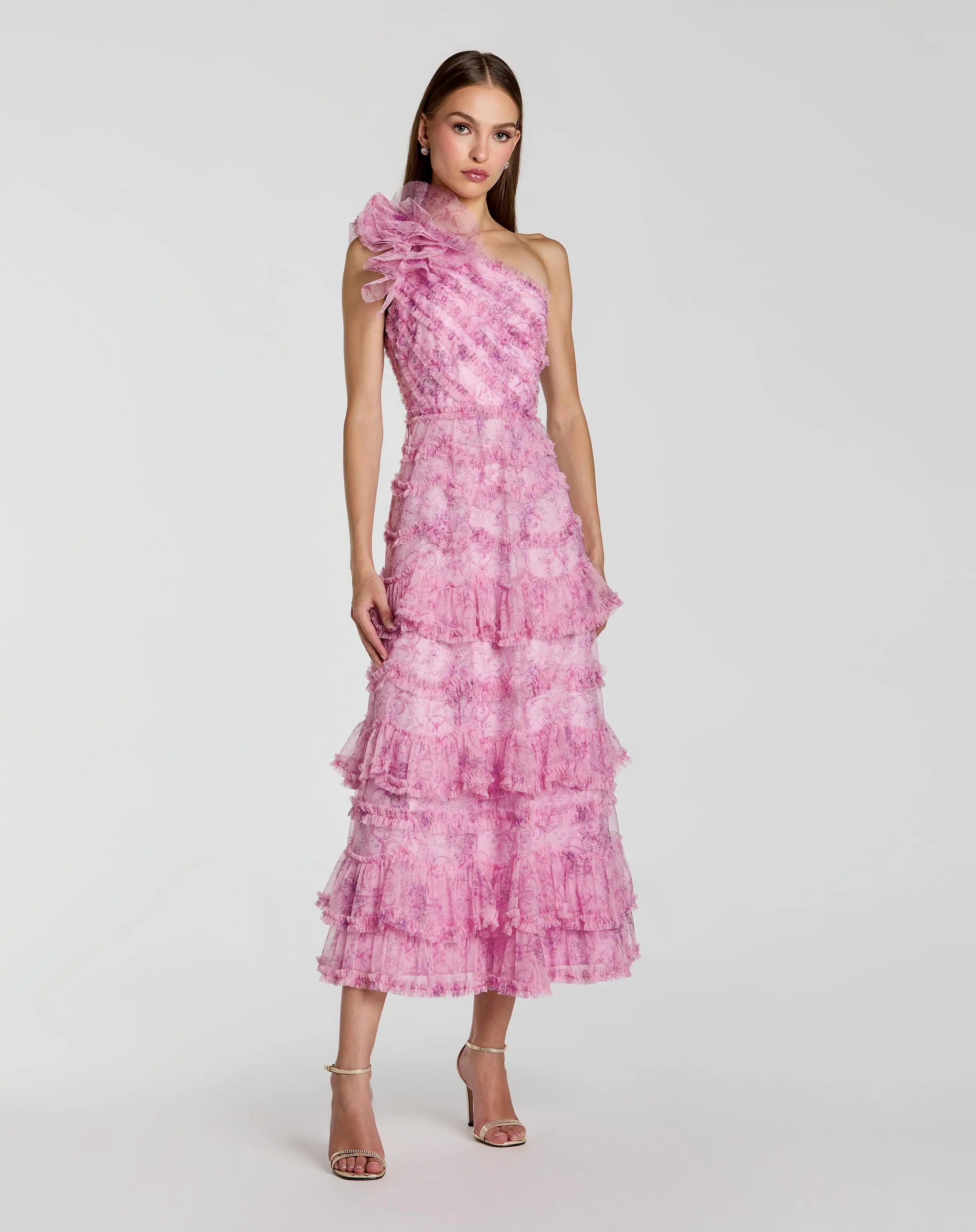 Image of Pink Printed One Shoulder Ruffled A Line Midi Dress